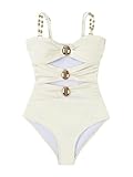 Verdusa Women's Sexy One Piece Swimsuit Ruched Cut Out Color Block Swimwear Bathing Suit Cream White Medium