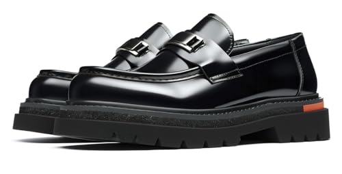 Santimon Men's Slip On Penny Loafers Dress Shoes with Buckle Detail - Shiny Leather Platform Chunky Sole Mocasines for Casual Business Formal Office Prom Wedding