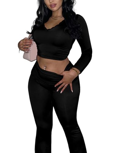 Women 2 Piece Lounge Set Contrast Lace V Neck Long Sleeve Crop Top Fold Over Flare Yoga Pants Tracksuit Casual Outfits