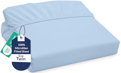 Image of Royale Linens Fitted Sheet Twin - Ultra Soft 1800 Brushed Microfiber - Hotel Luxury Bottom Sheets - Wrinkle Free & Fade Resistant - Deep Pocket Fitted Sheet Only (Twin, Lake Blue)