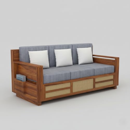 Image of 3 Seater Wooden Sofa for Home and Furniture Premium Upholstery Modern and Durable Design for Living Room and Office - Grey