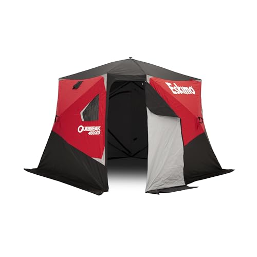 Eskimo Outbreak 450XD Pop-up Portable Insulated Ice Fishing Shelter, 75 sq ft. Fishable Area, 4-5 Person,Red/Black