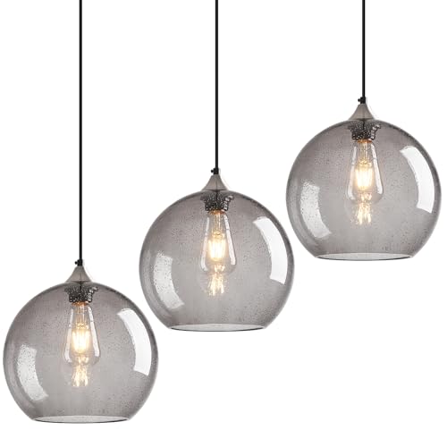 Image of Light Grey Glass Pendant Lights Kitchen Island Globe Pendant Light Fixtures Modern Pendant Lighting for Bedroom Living Dining Room Light Fixture (9.84 in, 3 Pack)