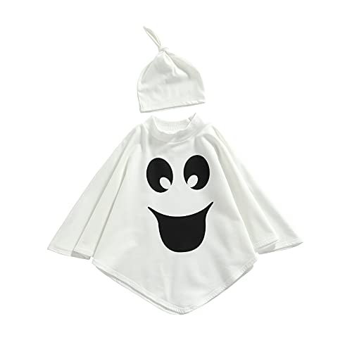 kacubwyy Halloween Kids Suit Set Cartoon Pattern Print Round Neck Cloak Solid Color Hat for Infant Boys Girls Long Cloak Cape (White B,2-3T)