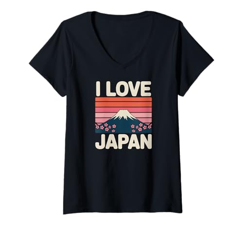 Mujer I Love Japan Monte Fuji Cherry Blossoms Retro Camiseta Cuello V