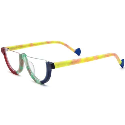 Image of HEPIDEM Matte Multicolor Acetate Glasses Frame Women,Semi Rimless Round Optical Eyeglasses