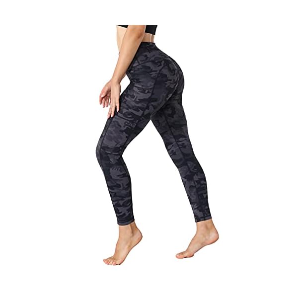 zeetoo High Waist Leggings for Women with 3 Pockets 4-Way Stretch Tummy Control Leggings for Yoga Workout Running Cycling Gym Camo Black Medium