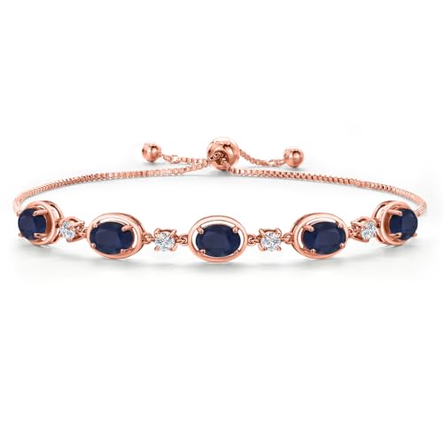 Gem Stone King 18K Rose Gold Plated Silver Blue Sapphire and Lab Grown Diamond Bracelet For Women | 5.40 Cttw | Gemstone September Birthstone | Oval 7X5MM | Fully Adjustable 9 Inch
