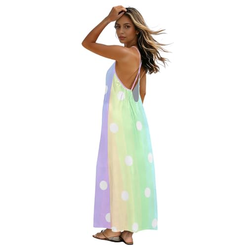 Robe longue arc-en-ciel pastel à bretelles spaghetti et dos nu pour été