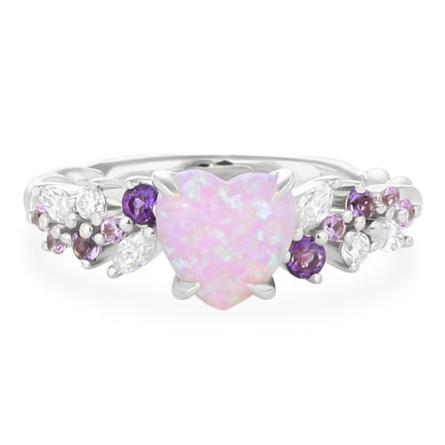 Pink Opal Engagement Rings for Women, Heart-shaped Opal Ring 925 Sterling Silver Wedding Bands for Women Promise Rings for Her Travel Wedding Ring Size 3-10