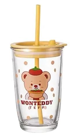 Glass Sipper with Lid and Straw Tumbler with Straw Random Design Cartoon Creative Clour Transparent Can Shape Sipper Cup Spill Proof with Wooden Lid (CR Libzatex 1)-image-11