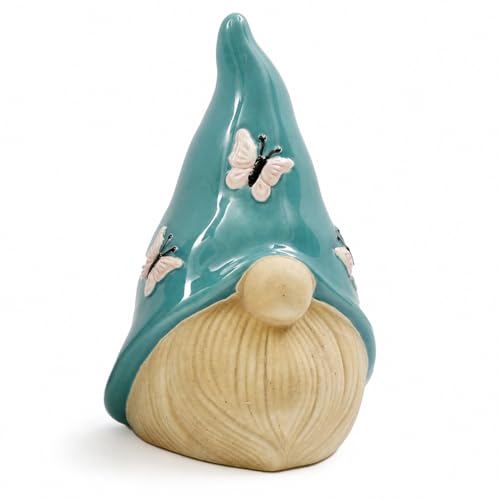 Image of Teal colour Ceramic Garden Gnome Ornament, Colourful Faceless Gnome Figurines with Butterfly Design Decorative Home Shelf Desk Fairy Garden Indoor Outdoor Décor (L13 x W12 x H20cm)