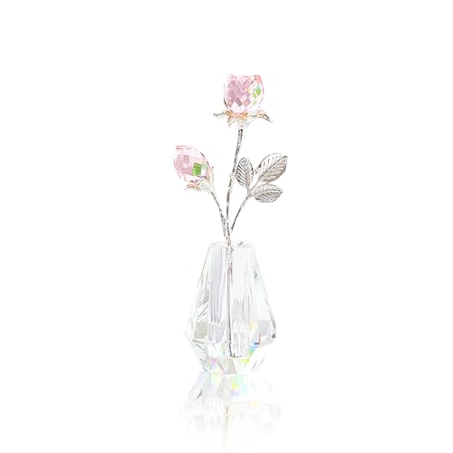 Crystal Pink Tulips Figurine Collectible, Tiny Glass Rose Decor, Pink Rose with Stems, Glass Flowers in Vase, Home Decor Ornament for Wedding Party