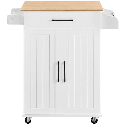 Image of Yaheetech Kitchen Cart with Drawer, Kitchen Island on Wheels with Storage Rack & Cabinets, Microwave Cart for Kitchen with Storage, Rolling Coffee Cart Station, White