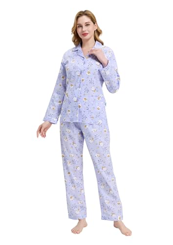 Image of GLOBAL Women Cotton Pajamas Long Sleeve PJs Button Down Sleepwear S-3XL