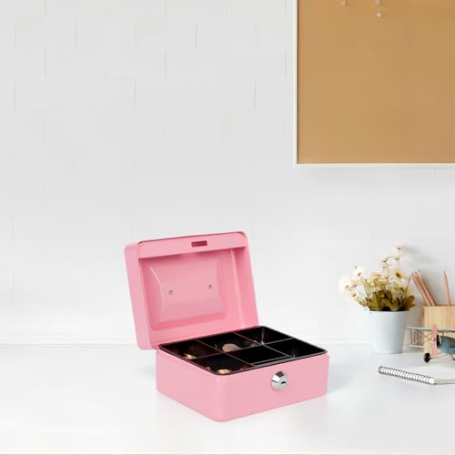 Image of Small Cash Box with Money Tray and Lock, Metal Cash Lock Box with Key, Petty Cash Box for Money 5.9 x 4.7 x 3.1 Inches Pink