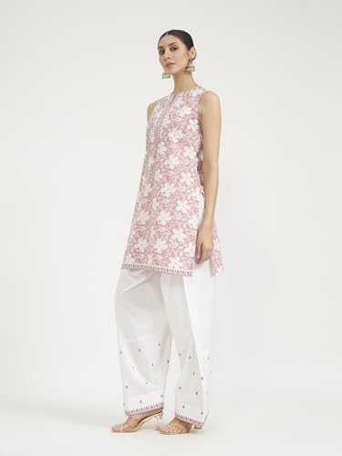 Image of FIORRA Women Light Pink Floral Printed & Embroidered Pure Cotton Straight Kurta with Farshi Salwar