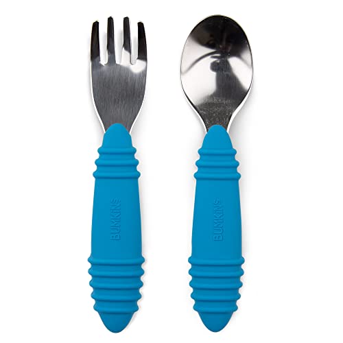 Image of Bumkins Toddler Utensils, Kids Size Fork and Spoon Set, Silicone and Stainless-Steel Training Silverware, Angled Forks / Sporks for Self-Feeding, Children Hold Learning to Eat, 18 Mos Up, Dark Blue