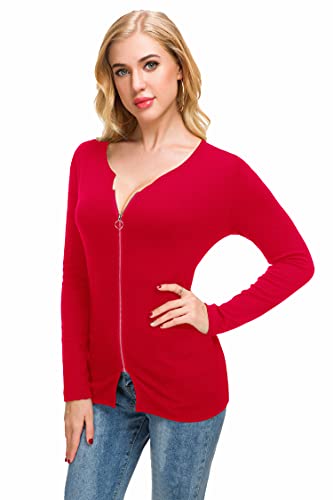 Image of Afibi Women V Neck Zip Front Long Sleeve Casual Top Blouse Shirt /Cardigan