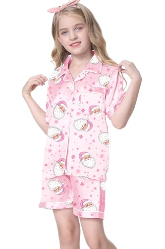 Image of Umeyda Women & Girls Pajamas Set, Soft Satin Lightweight Silk Button-Down Top with Shorts 2 Piece PJS for Mom Boys Kids Gifts