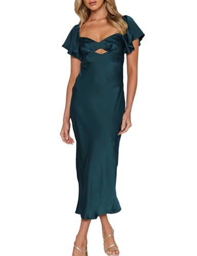 Image of Summer Satin Flutter Sleeve Wedding Guest Dresses for Women Sweetheart Neckline Cutout Tie Back Midi Cocktail Dress