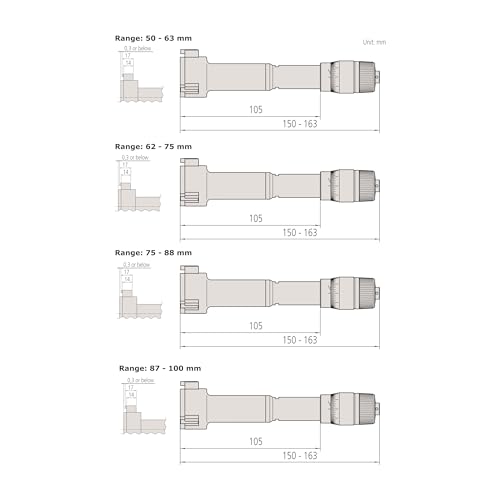 Mitutoyo 368-914 Holtest Vernier Inside Micrometer, Complete Unit Set, 50-100mm Range, 0.005mm Graduation, +/-0.003mm Accuracy