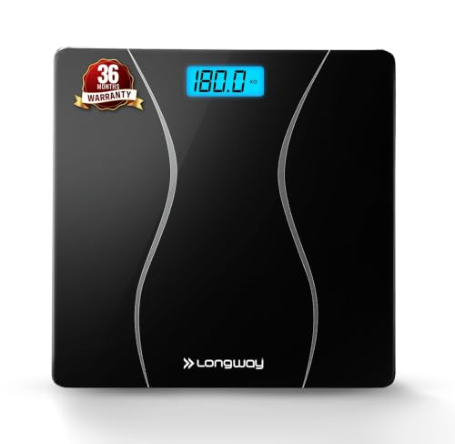 Image of Longway Weight Machine for Home | Digital Bathroom Scale for Human Body Weight Measurement | Extra Thick Tempered Glass with LCD Display | 3 Years Warranty (Full Black | Max Weight 180Kgs | Aura)