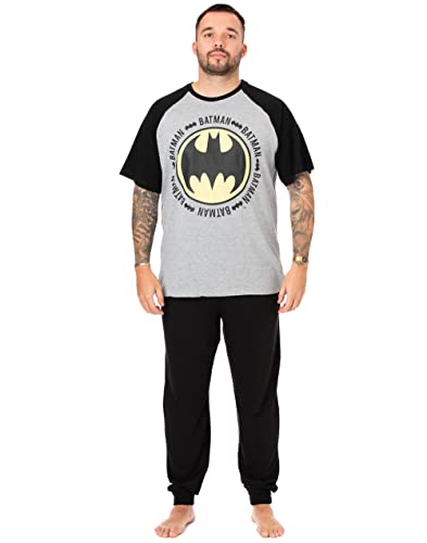 DC Comics Mens Batman Pajama Set | Adults Grey & Black Superhero Loungewear Pants & Short Sleeve T-Shirt Complete PJ Bundle