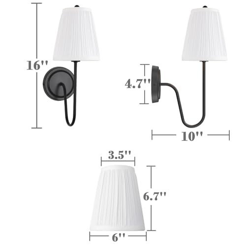 Image of Electro bp; Elegant Single Wall Sconces White Pleated Fabric Lamp Shades with Black Curved Metal Arm Silk Cover Wall Lighting,E12,40W,Hardwired(Set of 2);