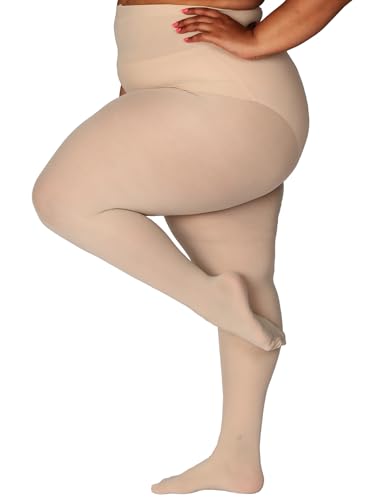 Image of HONENNA Queen Plus Size Tights Semi Opaque Control Top High Waist Stockings Nylons Pantyhose for Women 1X 2X 3X 4X 5X 6X