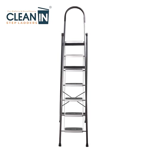 Image of CLEAN IN 7 Step Premium Foldable Household Steel Ladder ~ for Home, Garage, Kitchen. Wide & Anti-Skid Steps, 150 kg Load Capacity, Reinforced Hinges ~ (Shades of Grey)