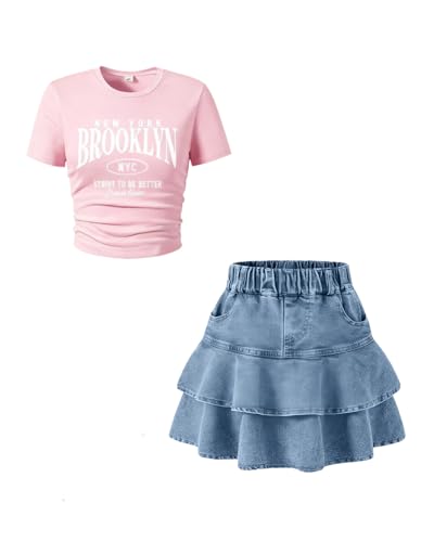 Cakaner Teen Girl Skirt Set Ruffle Tiered Denim Skirt Set