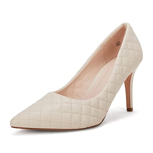 Womens Closed Toe Stiletto Heels Pumps Slip On Quilted Fashion Dress Shoes Beige #TOP22