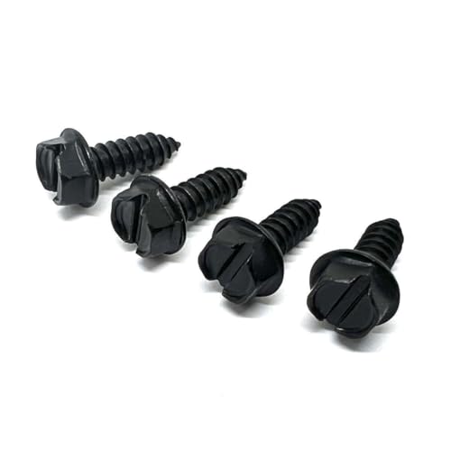 4 Pack License Plate Screws for Front and Back License Plates and License Plate Frames and Covers on Cars, Trucks, SUVs - Rust Resistant, #14x3/4 Slotted Hex Washer Self Tapping Screws Zinc Black