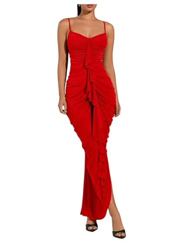Image of Floerns Women's Ruffle Ruched Cami Dress Draped Split Elegant Bodycon Maxi Dresses