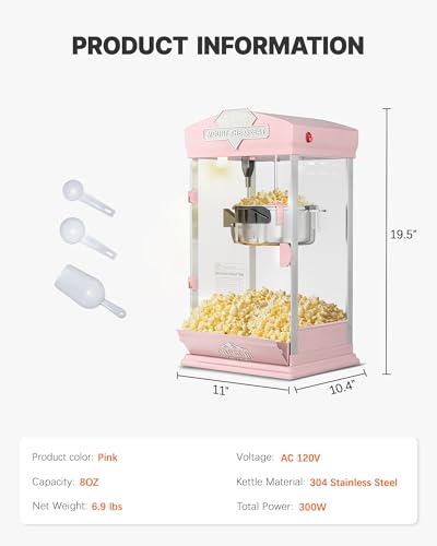 Image of 8 Oz Popcorn Machine, Tabletop Popcorn Maker, Countertop Pop Corn Machine Makes Up to 32 Cups, Movie Theater Popcorn Popper Machine with Stainless-Steel Kettle for Home Family, Pink