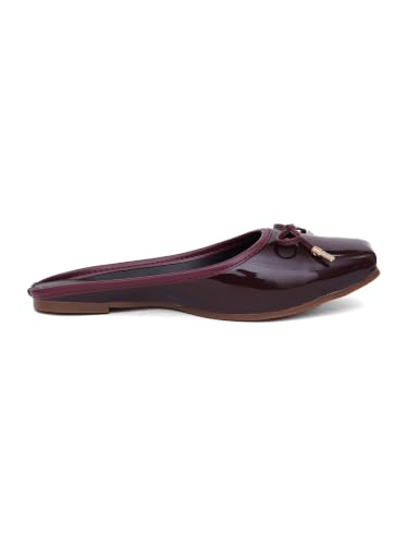 Image of TRYME Elegant Women's Glossy Patent Slip-On Mules with Bow Detail | Comfortable Flat Sandals for Office, Casual & Daily Wear