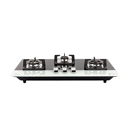 BLOWHOT Imperial Hob 3 Burner, Auto Ignition, 8 mm Glass Top, One 110 mm Triple Ring Burner, Two 100 mm Double Ring Burner, One 70 mm Double Ring Heavy Brass Burners, Features Spark Tip (Black&White)