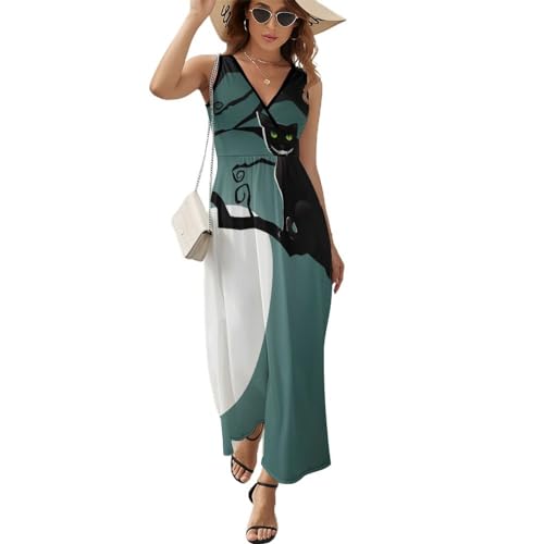 Robe maxi col V d'été au design raffiné de chat noir et lune pour femme