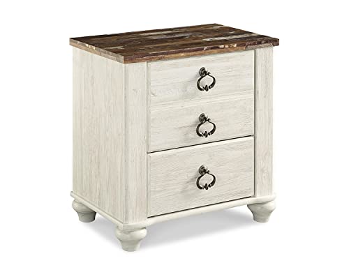 Signature Design by Ashley Willowton Farmhouse 2 Drawer Nightstand with USB Charging Ports, 25.67' Tall, Whitewash