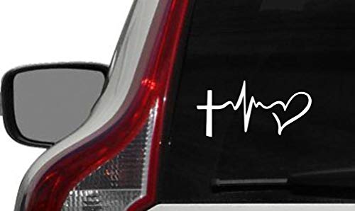 Cross Heartbeat Heart Car Vinyl Sticker Decal Bumper Sticker for Auto Cars Trucks Windshield Custom Walls Windows Ipad MacBook Laptop and More (White)
