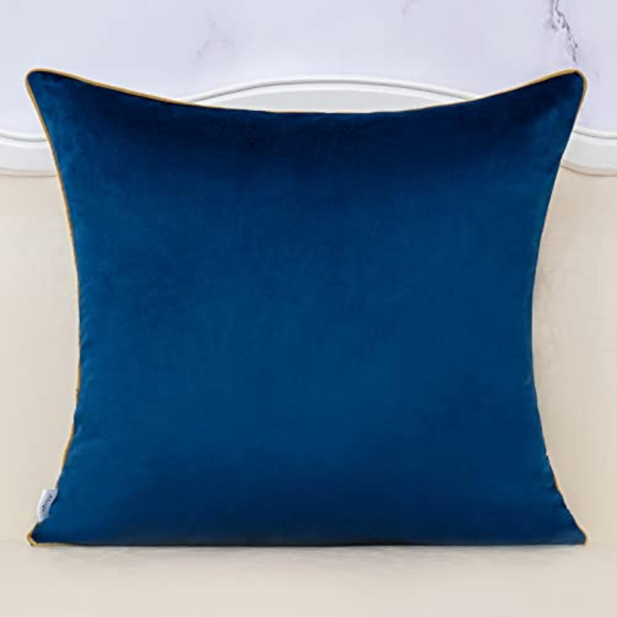 Navy Blue Beige Gold Leather Patchwork Velvet Cushion Case