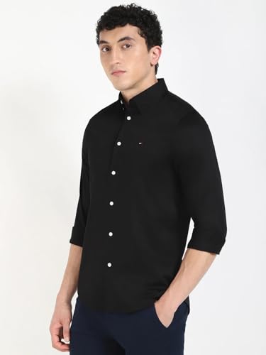 Image of Tommy Hilfiger Solid Slim-Fit Satin Woven Shirt Black