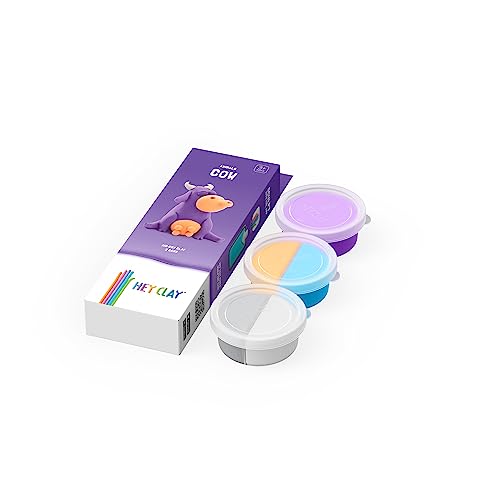 Image of HEY CLAY Modelling Air-Dry Clay with Fun Interactive App - Modeling Clay and Crafts Set for Kids Ages 3 to 8 - Series Animals & Rainbow Unicorns, 3 cans (Animals: Cow)