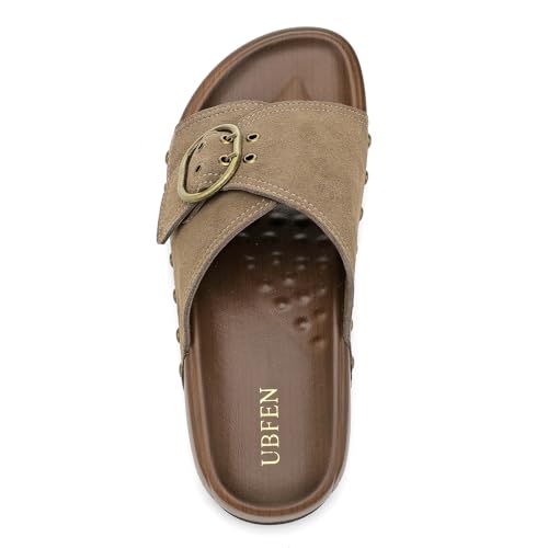 Image of UBFEN Womens Platform Slide Sandals | Real Leather,Buckle Sandals with Cushioned Flatform Footbed,Comfortable for Walking,Arch Support,Casual Styling