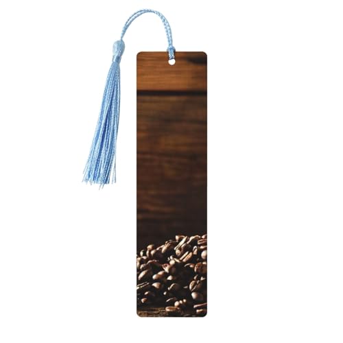 コーヒーカップとコーヒー豆プリント タッセル付き木製ブックマーク 読書ページマーカー ブックマーク 男性/女性へのギフトに