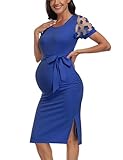 Floral Mesh Bishop Short Sleeve Maternity Midi Dress, Side Split Maternity Bodycon Dress for Baby Shower/Photoshoot Royal Blue L