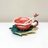 Minigift Ceramic Tea Cup and Saucer Set ，6OZ 3D Hand-painted Peony Flower Coffee Mug，Gift for Women -Red