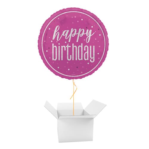 Hot Pink Glitz Happy Birthday Holographic Round Foil Helium Balloon - Inflated Balloon in a Box