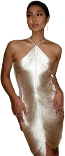 Kleid Frauen Elegant Glänzend Metallic Neckholder Midi Kleid Weiblich ärmellos Rückenfrei Bodycon Lange Dame Party Club Abendroben, White Short, XL